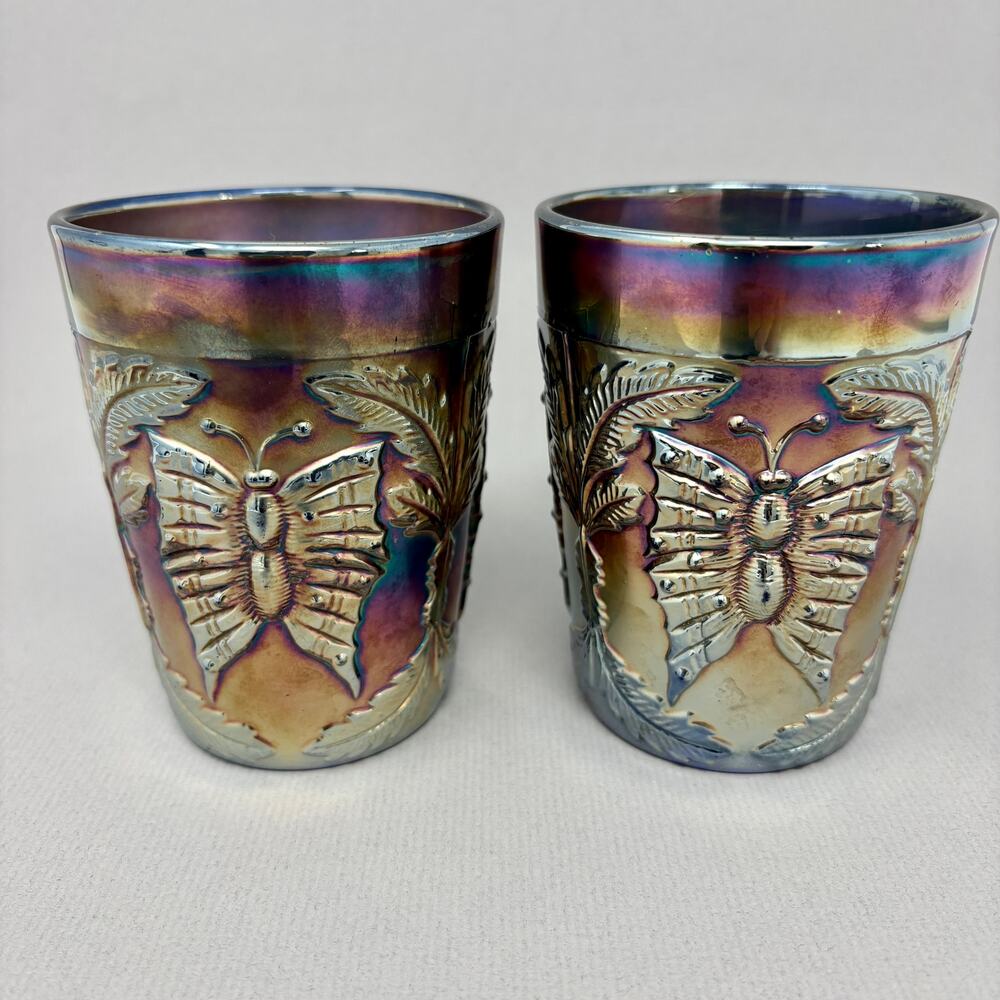Pair of Antique Fenton Blue Carnival Glass Butterfly & Fern Tumblers Ground Base